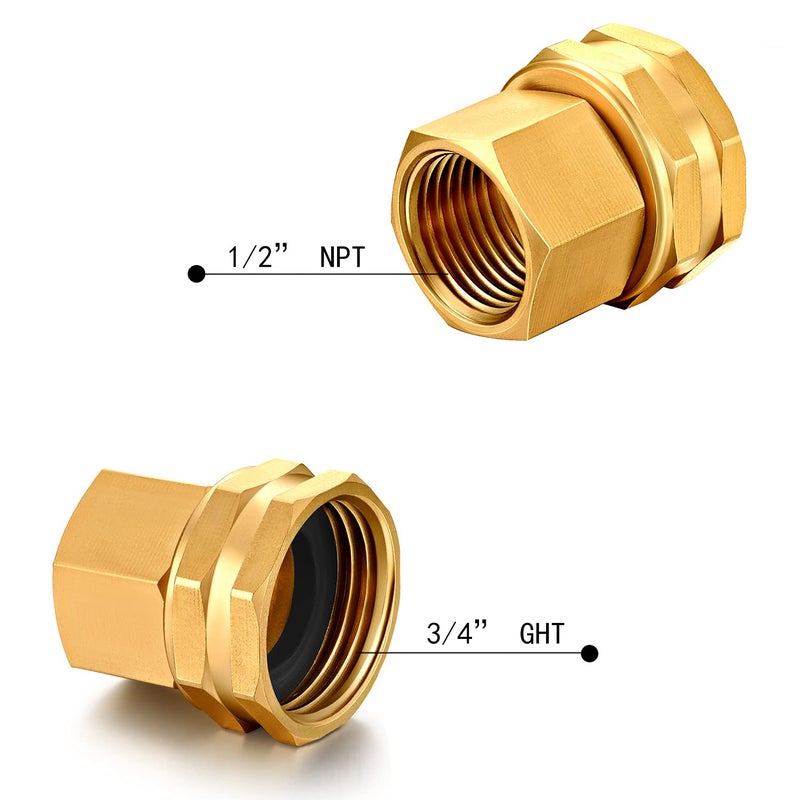 YELUN Solid brass Garden Hose Fittings Connectors Adapter Heavy Duty Brass Repair Female to Female Double Female dual water hose connector(3/4 "" GHT Female to 1/2 "" NPT Female) 2 Pcs - Image 3